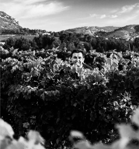 Philippe Estrade dans les vignes en noir et blanc